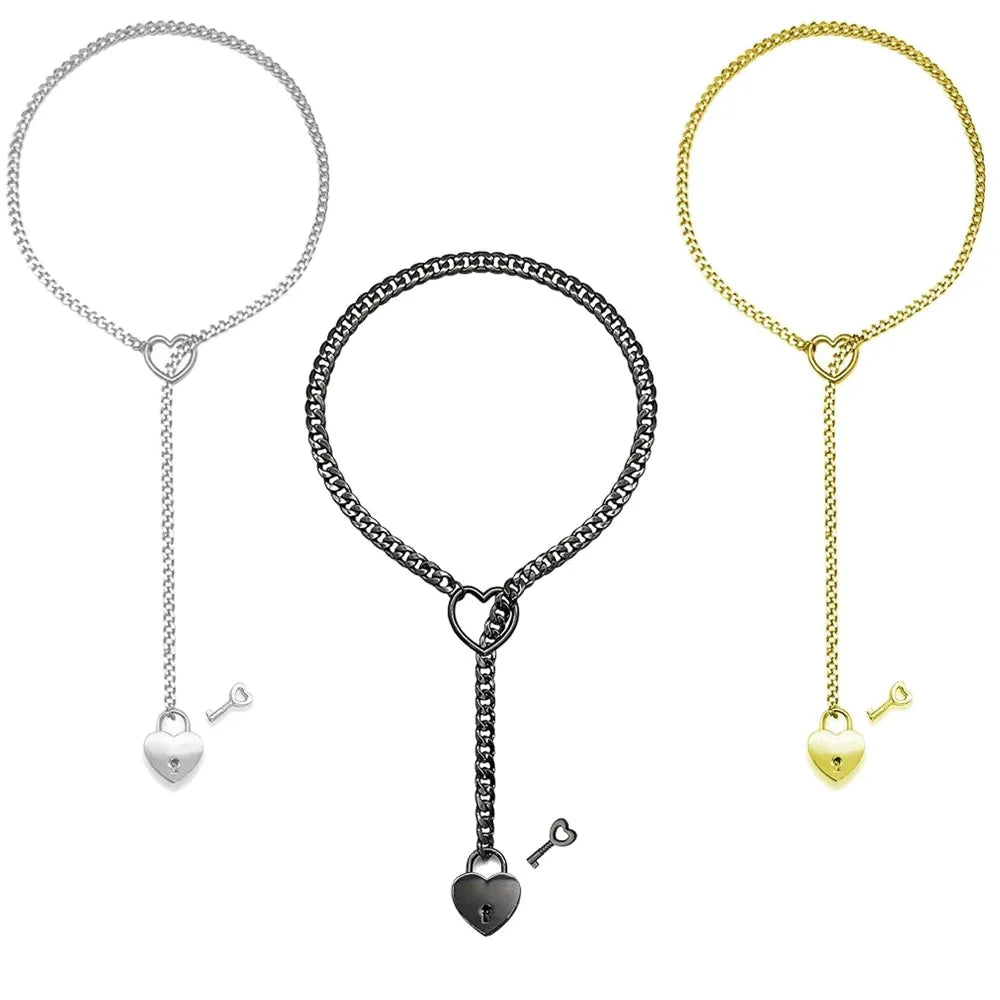 Adjustable Heart O-Ring Punk Rock Cuban Chain Necklace – Lariat Y-Style Necklace with Key &amp; Heart Lock Pendant