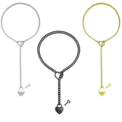 Adjustable Heart O-Ring Punk Rock Cuban Chain Necklace – Lariat Y-Style Necklace with Key &amp; Heart Lock Pendant